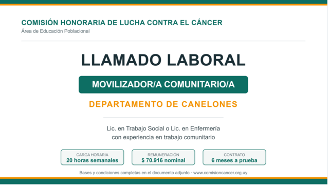 imagen de LLAMADO PARA MOVILIZADOR COMUNITARIO  DEL AREA DE EDUCACIÓN POBLACIONAL  PARA EL DEPARTAMENTO DE CANELONES